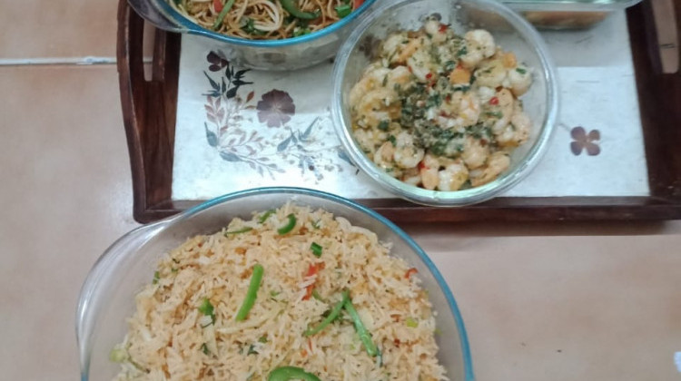 Hakka Noodles , garlic prawns and fried rice